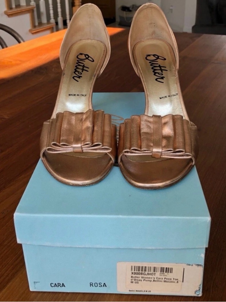 Butter Womens Open Toe D'orsay Bow Rose Gold Metallic Leather Heels Shoes Size 8